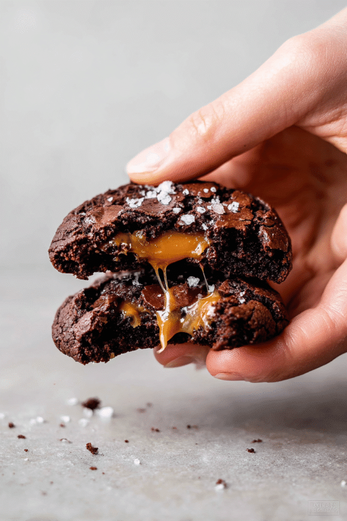 Hand holding gooey salted caramel chocolate cookies broken in half with melted caramel dripping and sea salt flakes