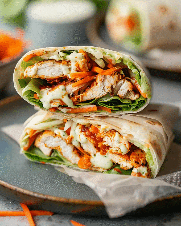 Grilled buffalo chicken wraps stuffed with lettuce, carrots, and creamy ranch dressing for a spicy, fresh bite