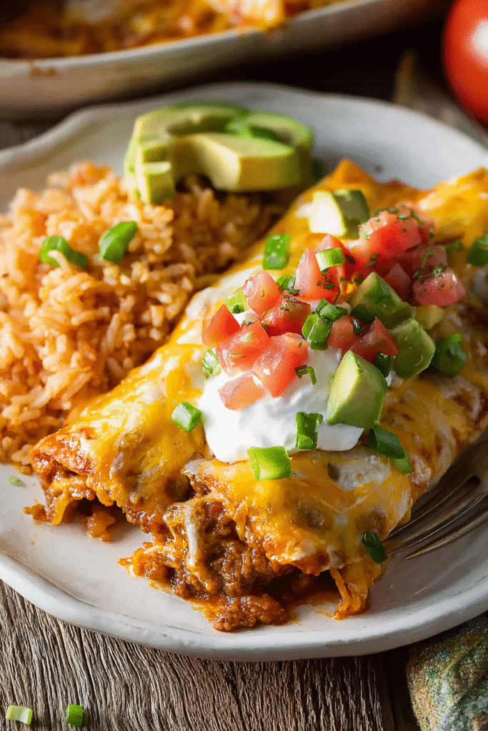 Ground beef enchiladas topped with melted cheese, sour cream, avocado, and tomatoes served with Mexican rice