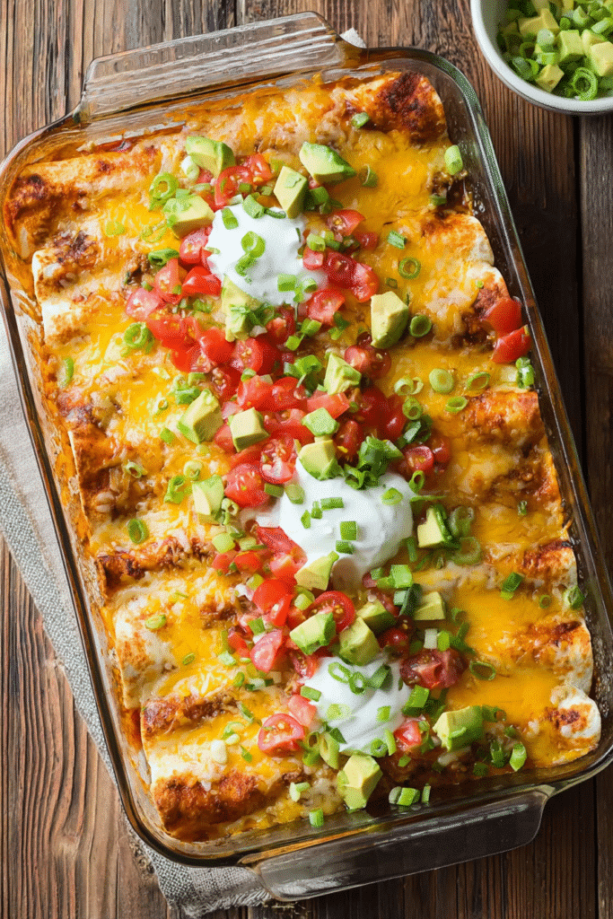 Baked ground beef enchiladas topped with melted cheese, sour cream, avocado, tomatoes, and green onions in a casserole dish