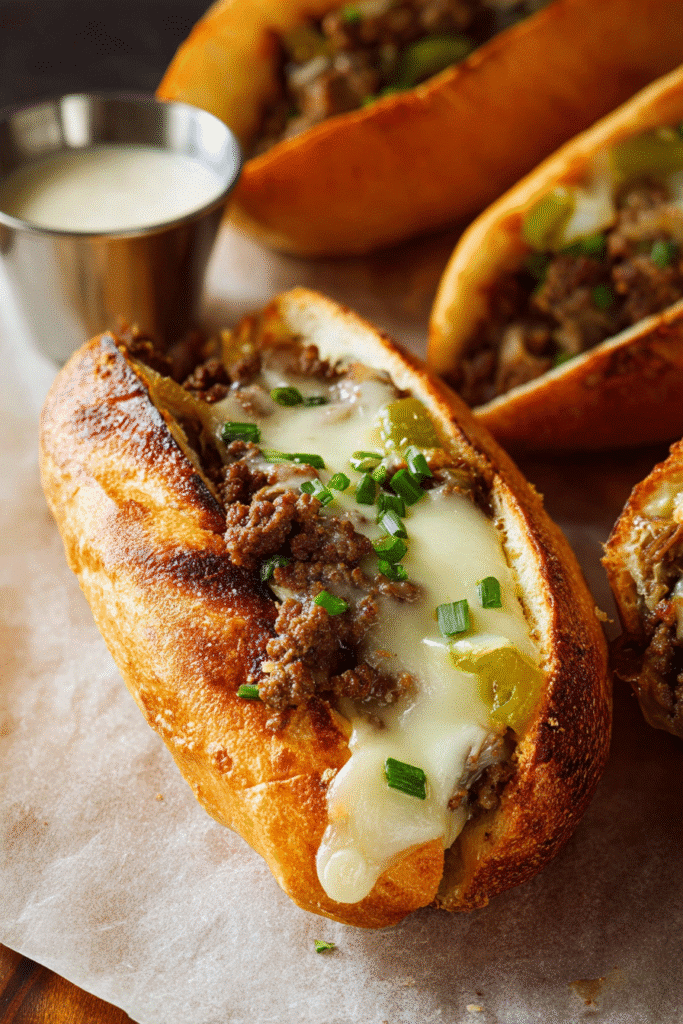 Ground beef Philly cheesesteak sandwich with melted cheese, green peppers, and chives on toasted bread served with sauce