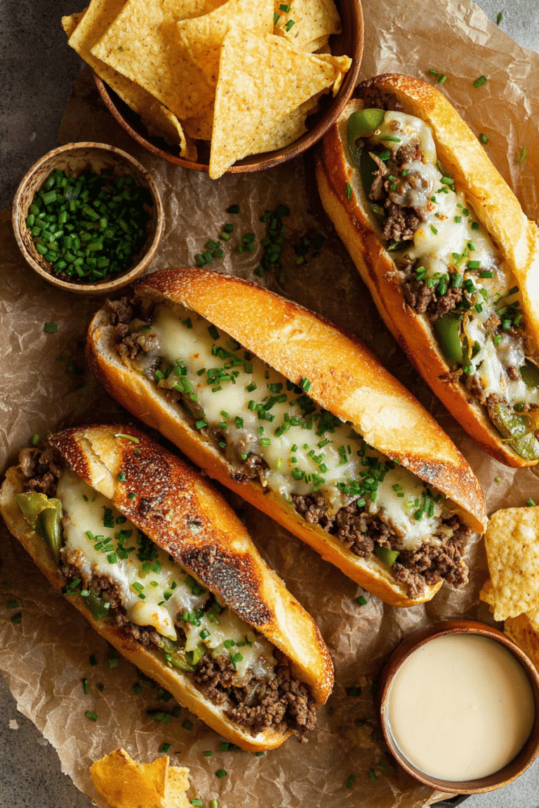 Ground beef Philly cheesesteak hoagies with melted cheese and green peppers served with chips and creamy dipping sauce