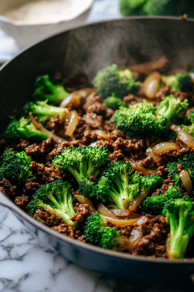 Savory ground beef and broccoli stir fry cooking in a skillet with onions and rich brown sauce on a marble countertop