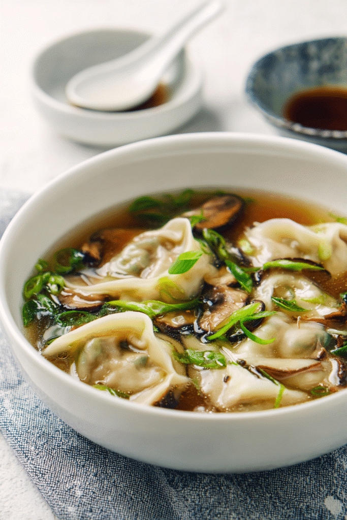 Gyoza soup with tender Japanese dumplings, green onions, and mushrooms served in a clear, savory broth
