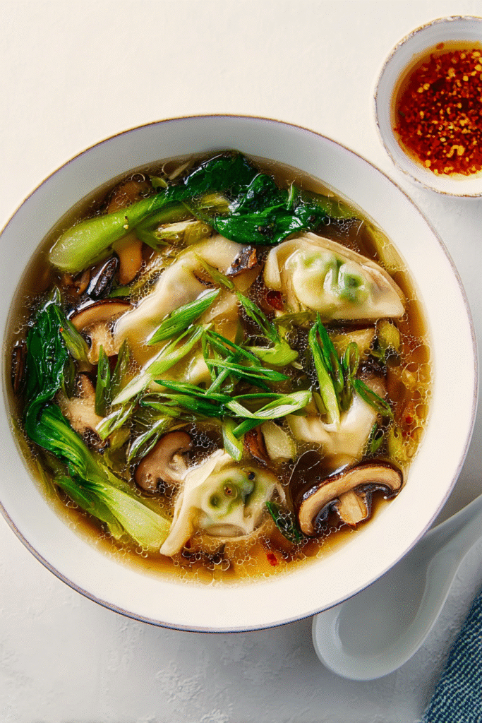 Steaming bowl of gyoza soup with Japanese dumplings, bok choy, mushrooms, and green onions in a flavorful broth