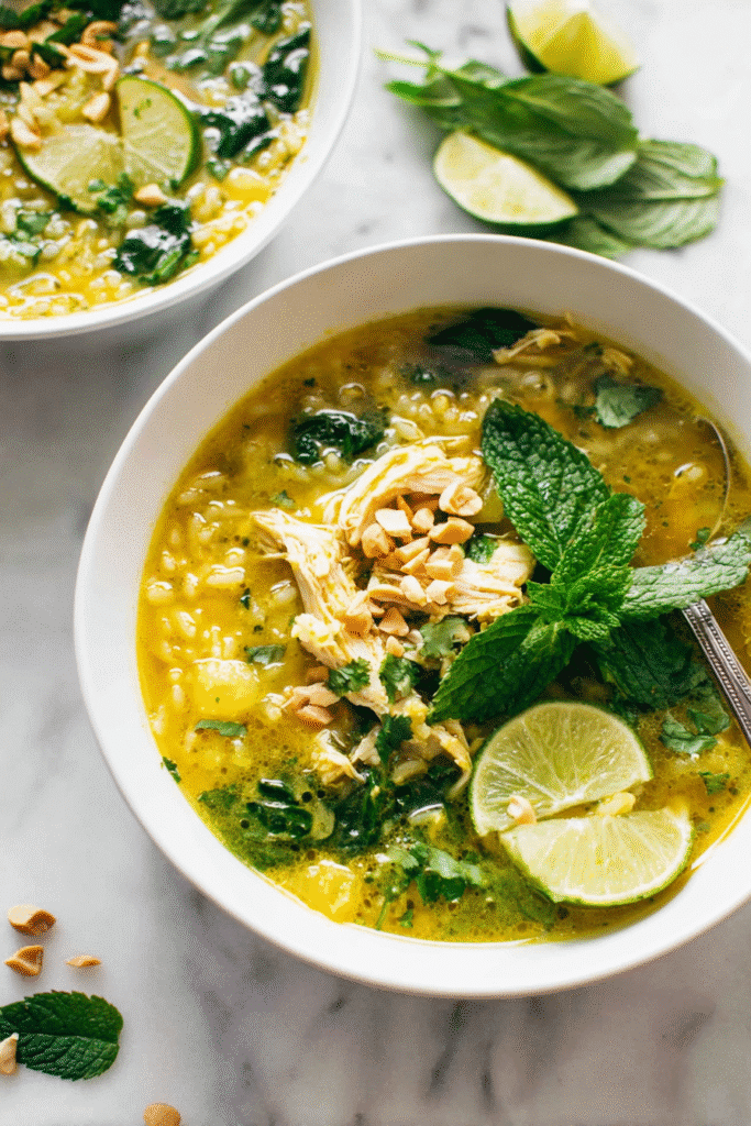 Healing chicken soup with shredded chicken, rice, spinach, and lime, garnished with mint and crushed peanuts