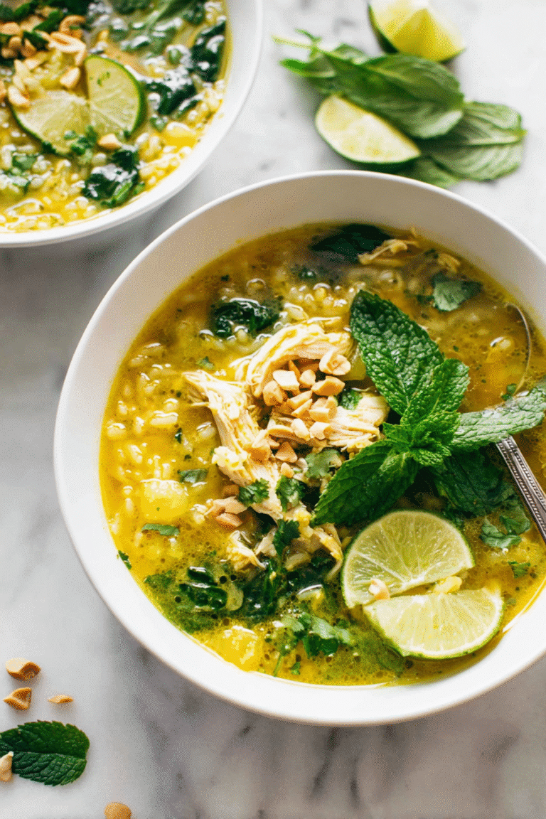 Healing chicken soup with shredded chicken, rice, spinach, and lime, garnished with mint and crushed peanuts