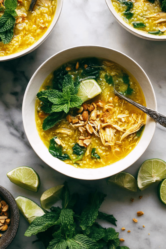 Golden healing chicken soup with rice, lime, spinach, mint, and crushed peanuts for a refreshing and comforting meal