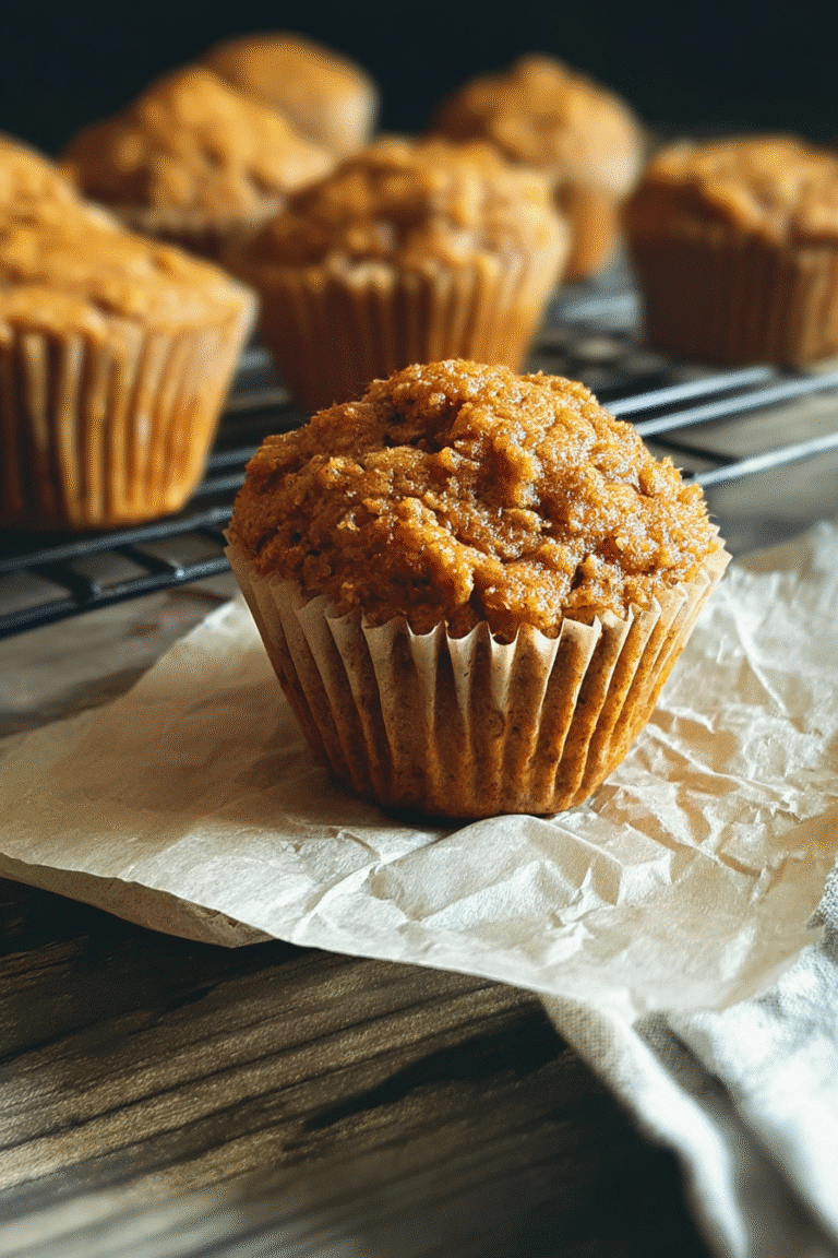 Healthy Greek yogurt pumpkin muffin cooling on a rack, moist and fluffy with warm pumpkin spice flavor and golden color