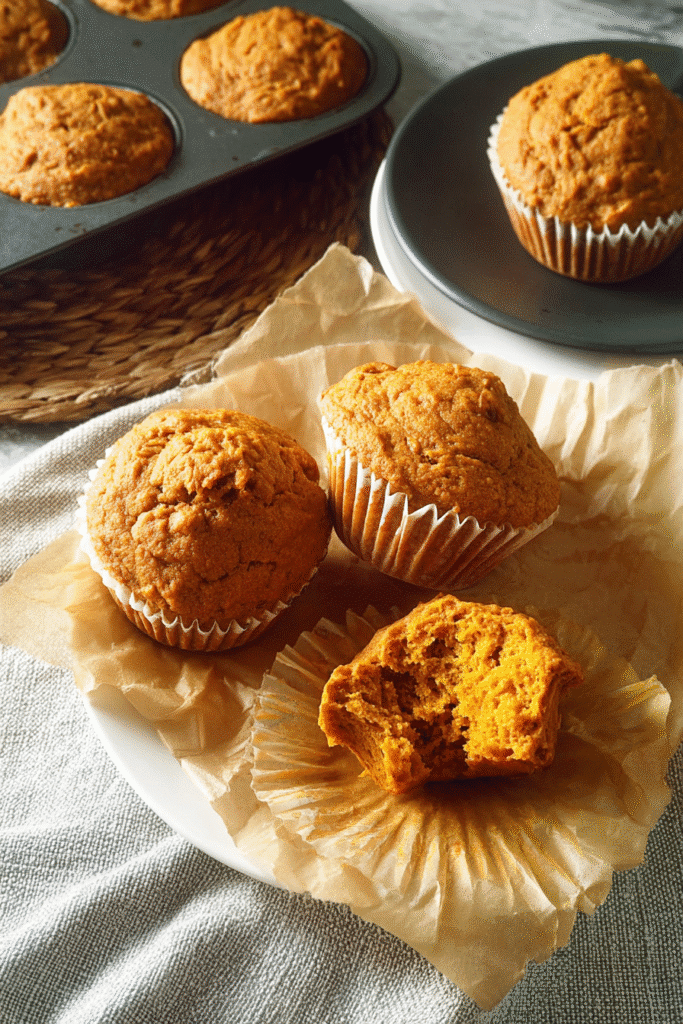 Healthy Greek yogurt pumpkin muffins on parchment paper, soft and fluffy with warm pumpkin spice and golden tops