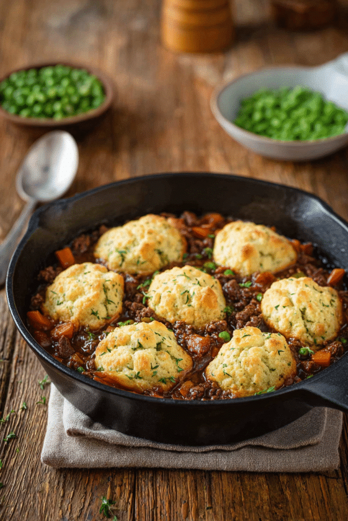 Ground beef and dumplings cooked in skillet with carrots, peas, and gravy, topped with golden fluffy biscuit dumplings