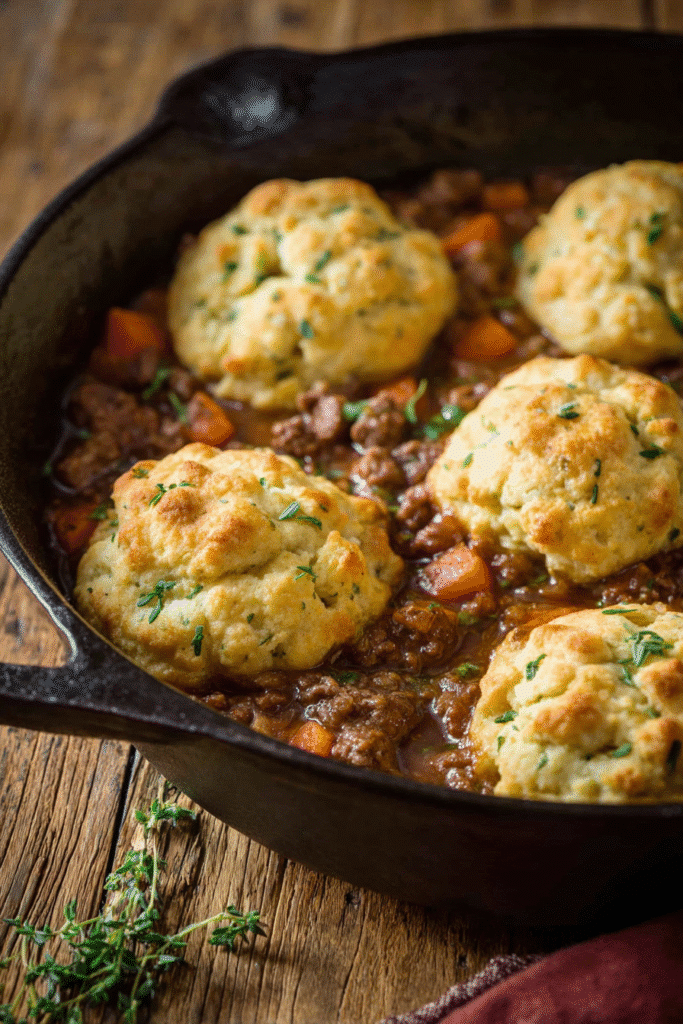 Hearty ground beef and dumplings cooked in a skillet with carrots and gravy, topped with golden biscuits and herbs