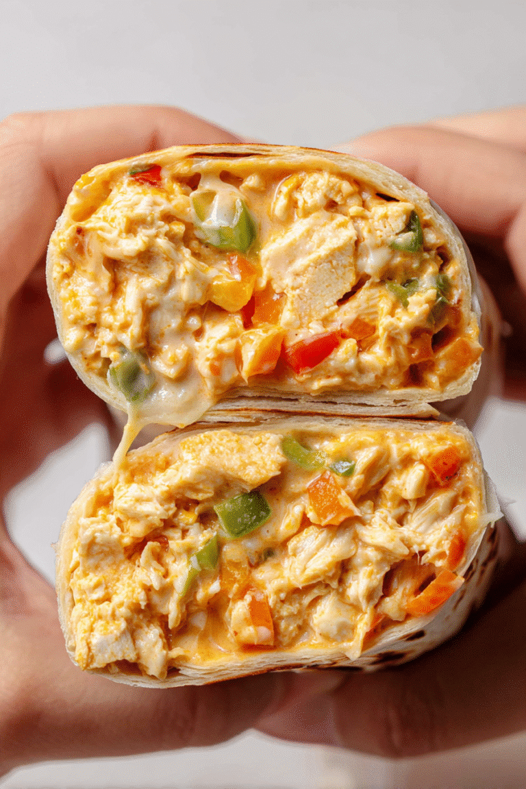 Cheesy buffalo chicken wrap filled with tender chicken, melted cheese, and colorful peppers for a protein-packed bite.