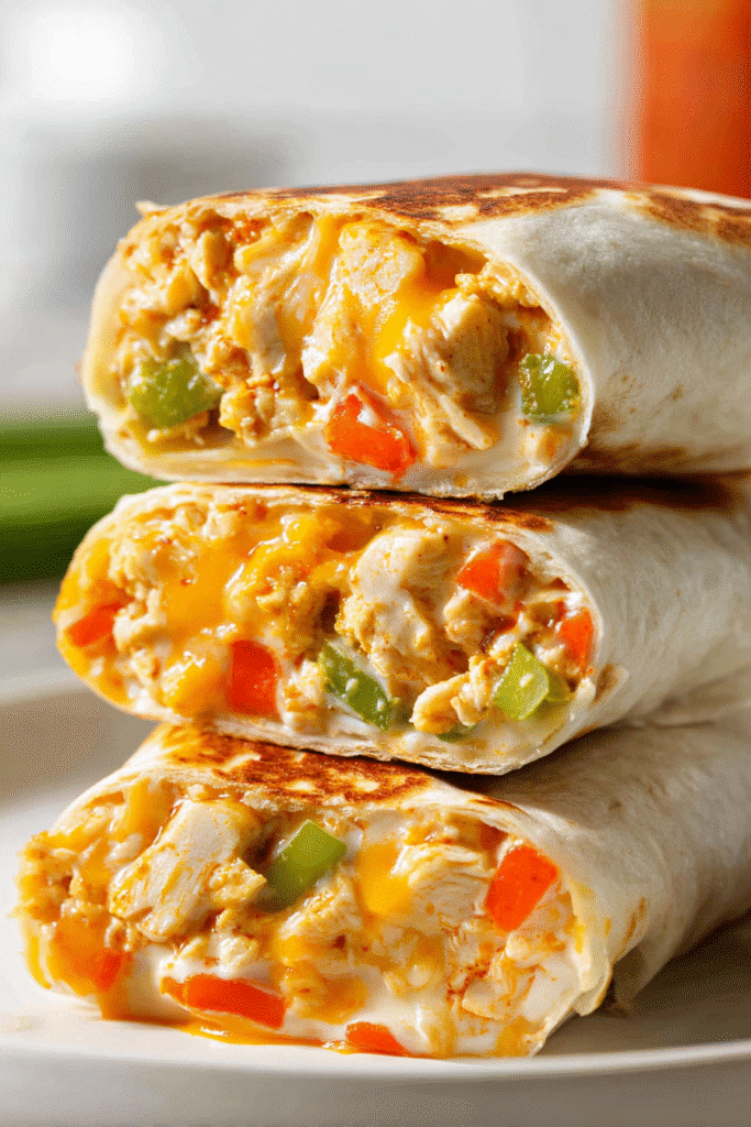 Grilled cheesy buffalo chicken wraps stacked on a plate, filled with tender chicken, melted cheese, and fresh peppers.