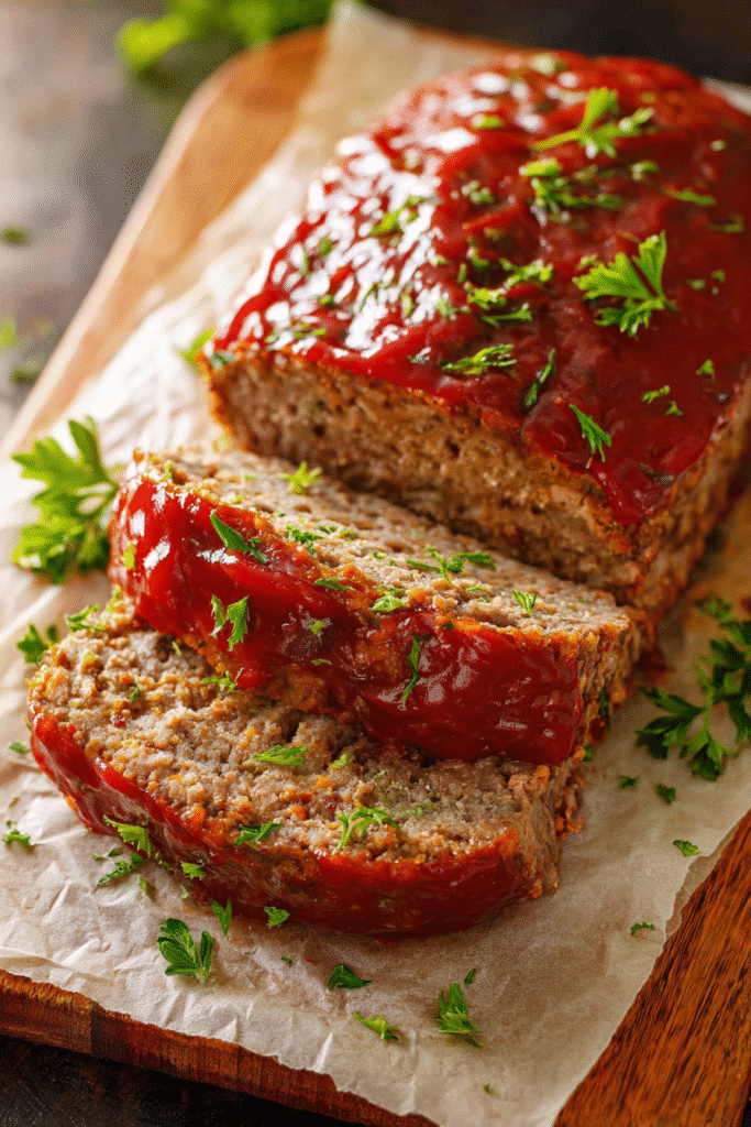 Sliced glazed meatloaf topped with sweet tomato glaze and parsley on parchment paper, juicy and ready to serve