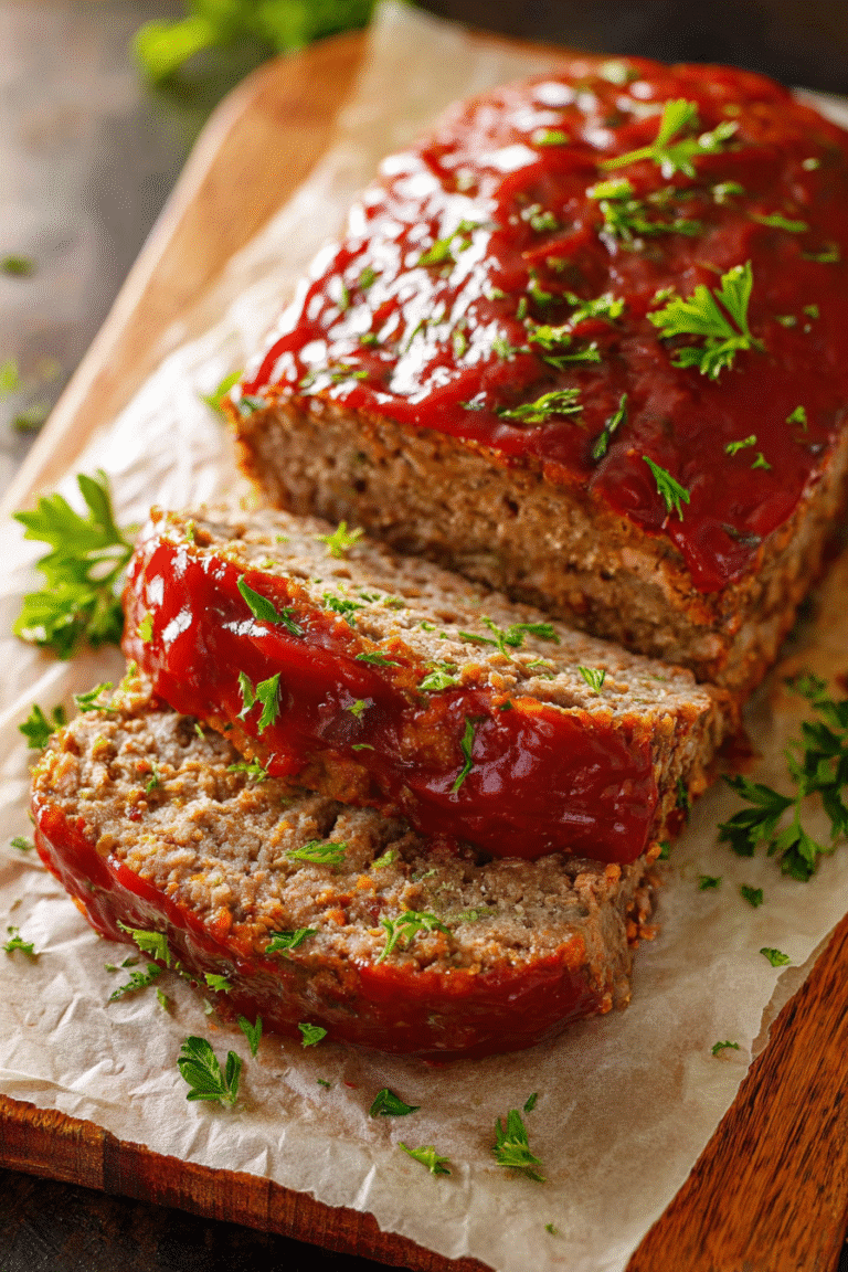 Sliced glazed meatloaf topped with sweet tomato glaze and parsley on parchment paper, juicy and ready to serve