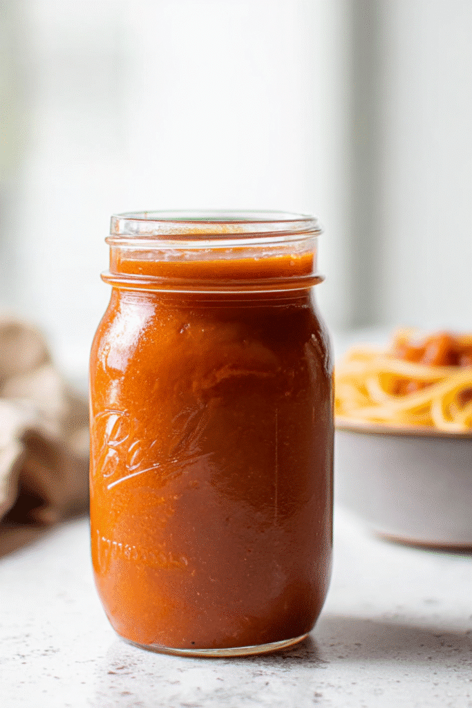 Jar of smooth homemade tomato sauce made with hidden vegetables, perfect for pasta and family meals