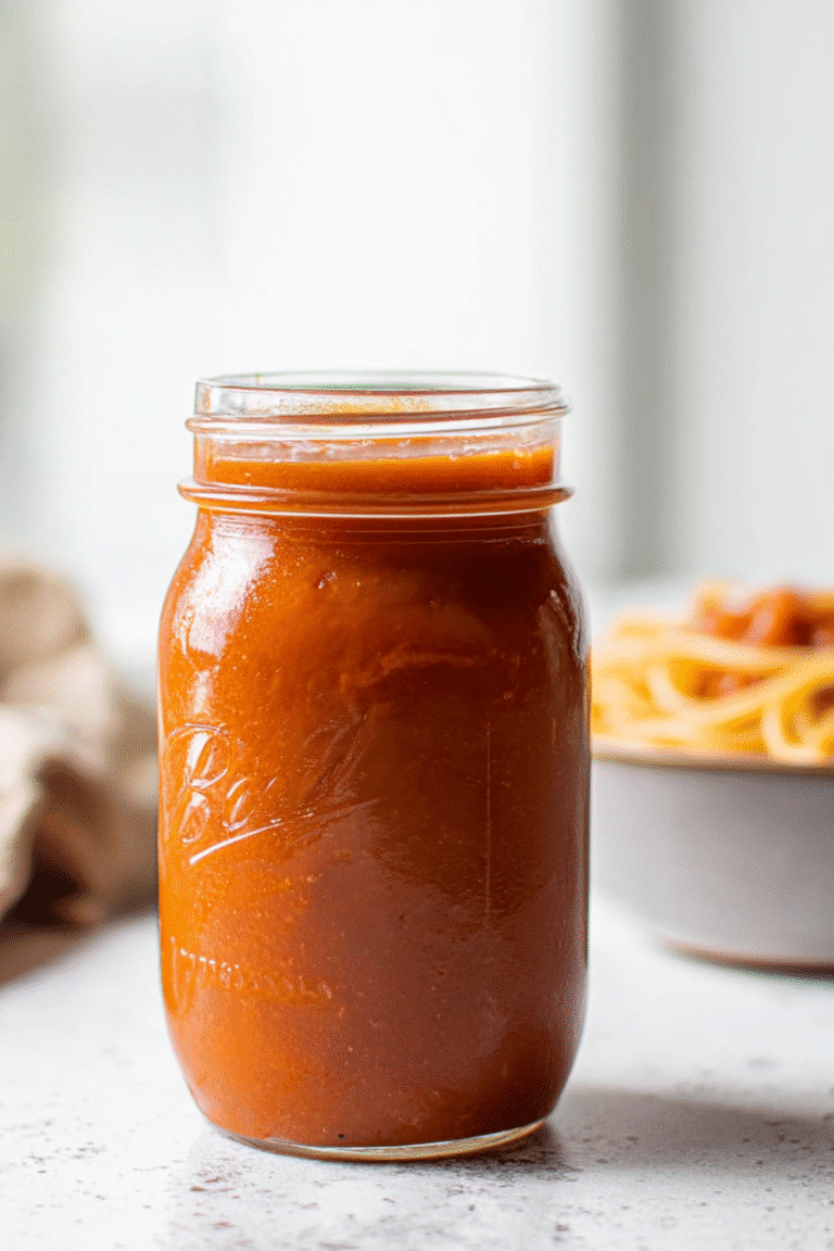 Jar of smooth homemade tomato sauce made with hidden vegetables, perfect for pasta and family meals