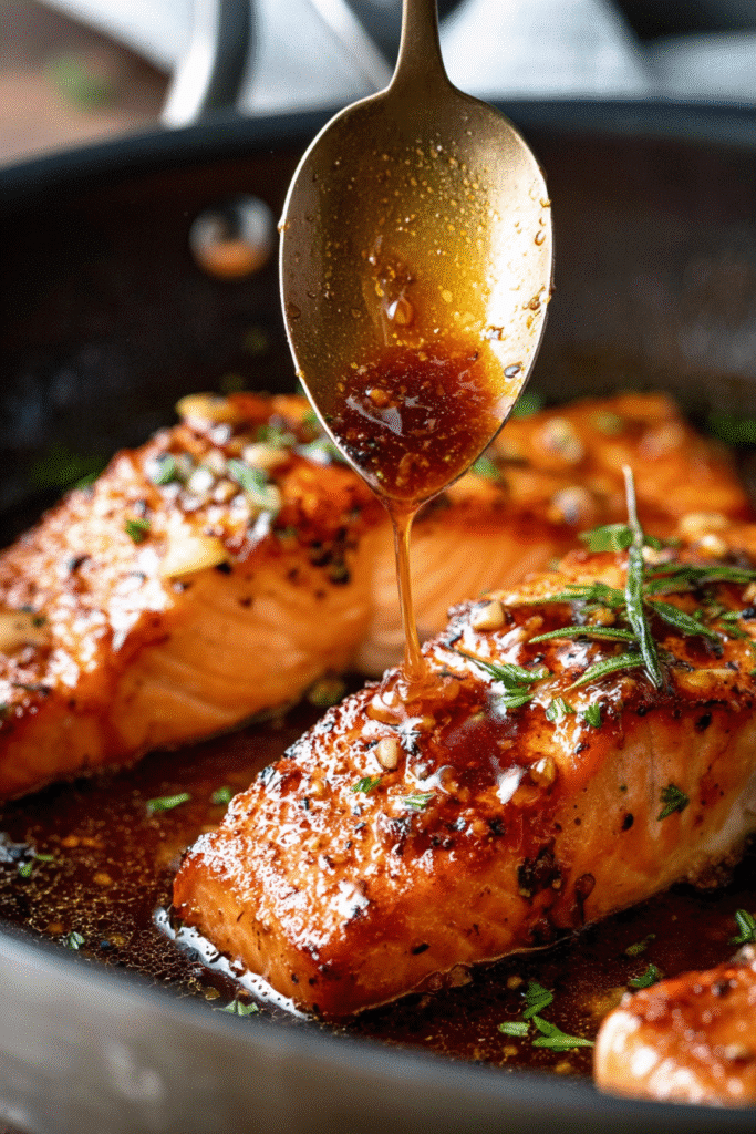 Honey garlic sauce drizzled over crispy salmon fillets in a pan, creating a glossy, flavorful glaze with herbs