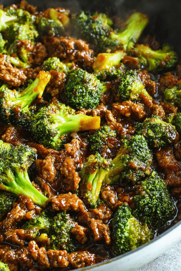 Honey garlic ground beef and broccoli simmering in a rich savory sauce for a quick and delicious stir-fry dinner