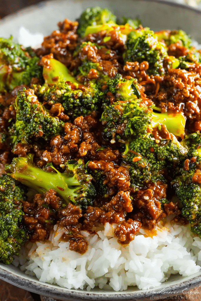 Honey garlic ground beef with tender broccoli served over steamed white rice in a savory sticky sauce for a quick dinner