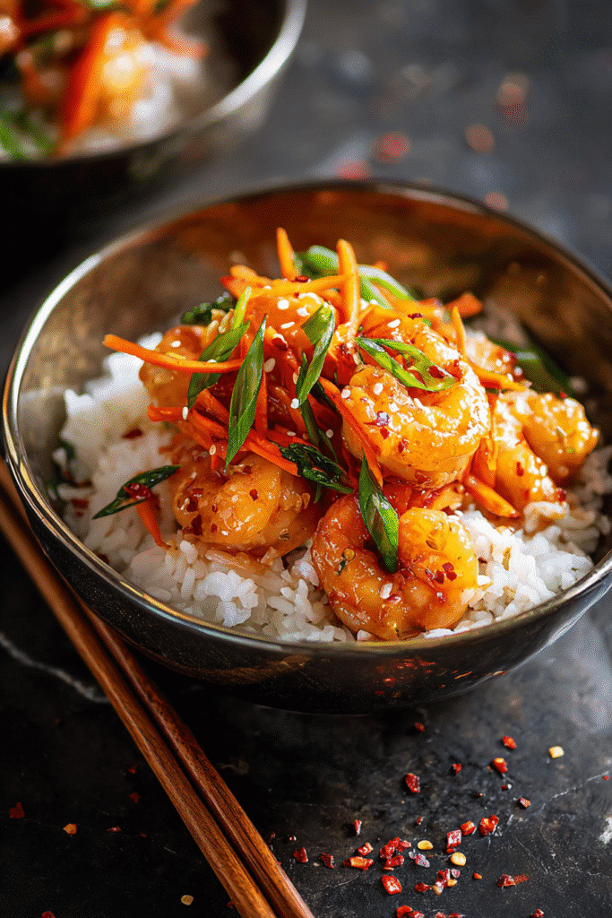 Honey garlic shrimp served over white rice with shredded carrots, green onions, and sesame seeds in a black bowl