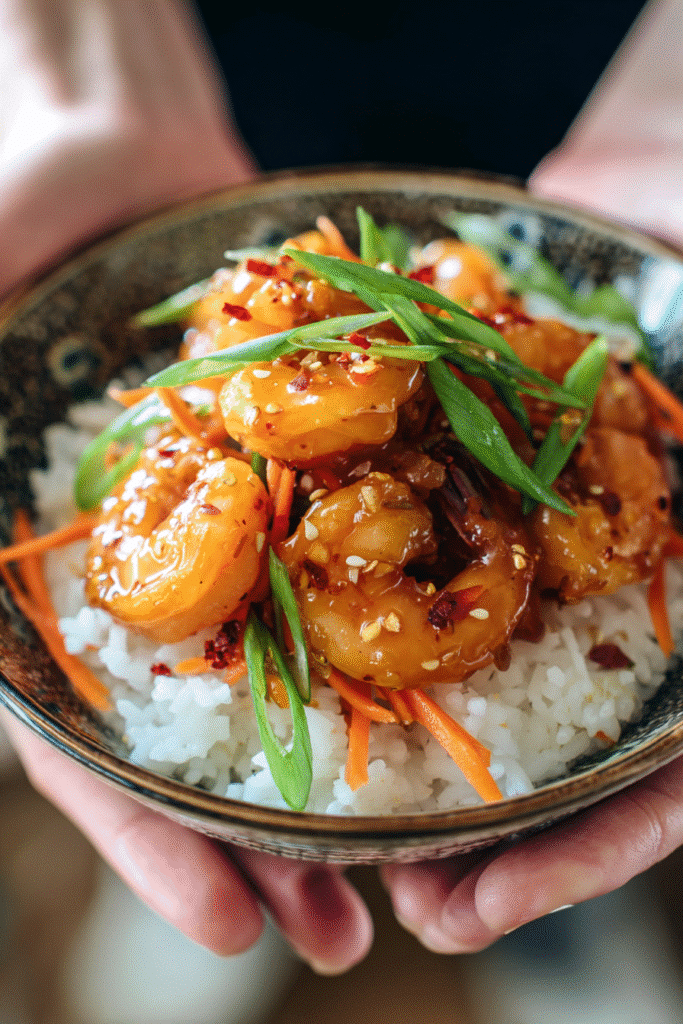 Honey garlic shrimp over rice topped with green onions, carrots, sesame seeds, and a sweet spicy glaze