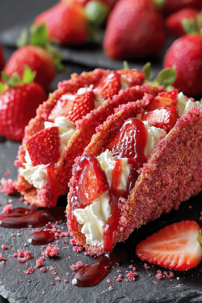 Strawberry crunch cheesecake tacos filled with whipped cream, sliced strawberries, and sweet strawberry syrup drizzle