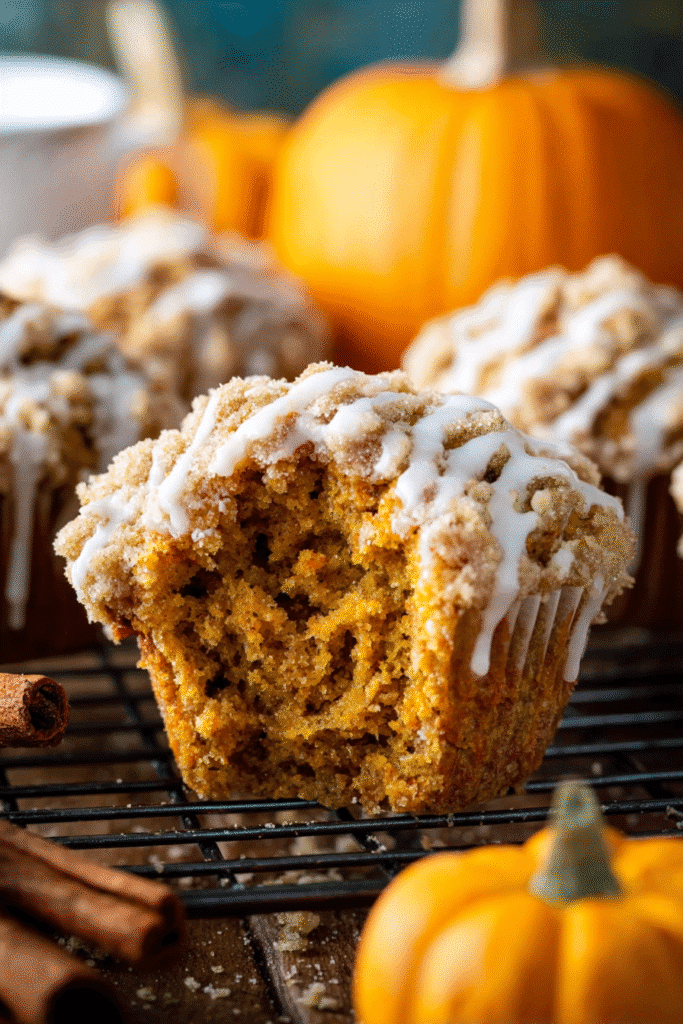 Irresistibly moist pumpkin muffin with crumb topping and icing drizzle, soft and fluffy with warm cinnamon flavor