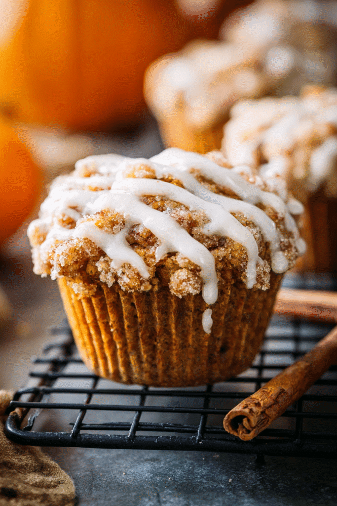 Moist pumpkin muffin with crumb topping and vanilla icing drizzle on cooling rack, soft and sweet with warm spice flavor