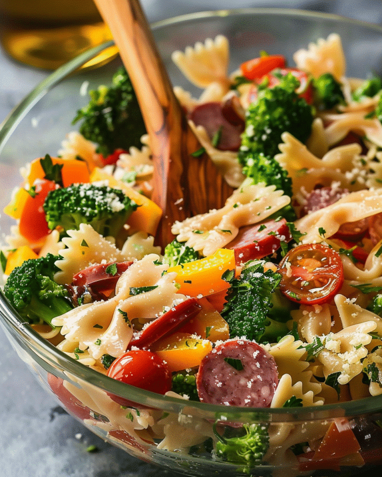 Colorful bow tie pasta salad with broccoli, cherry tomatoes, peppers, and sausage tossed in a light Italian dressing