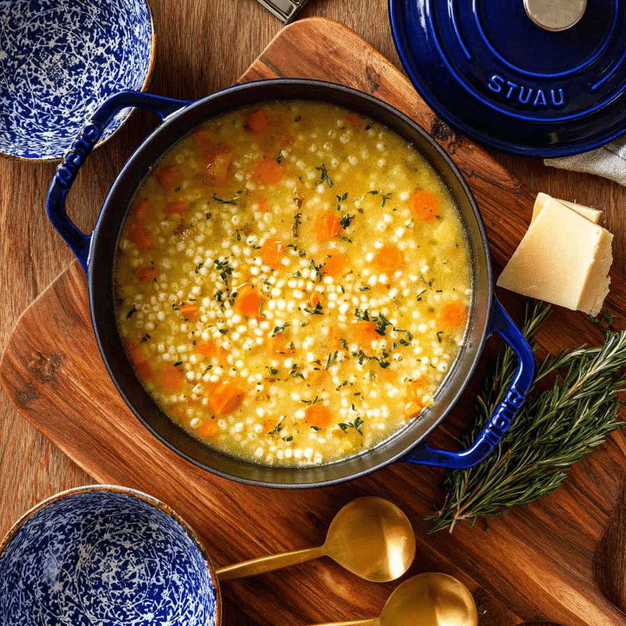 Golden Italian Penicillin Soup with carrots, herbs, and tiny pasta pearls in a comforting broth served in a blue pot