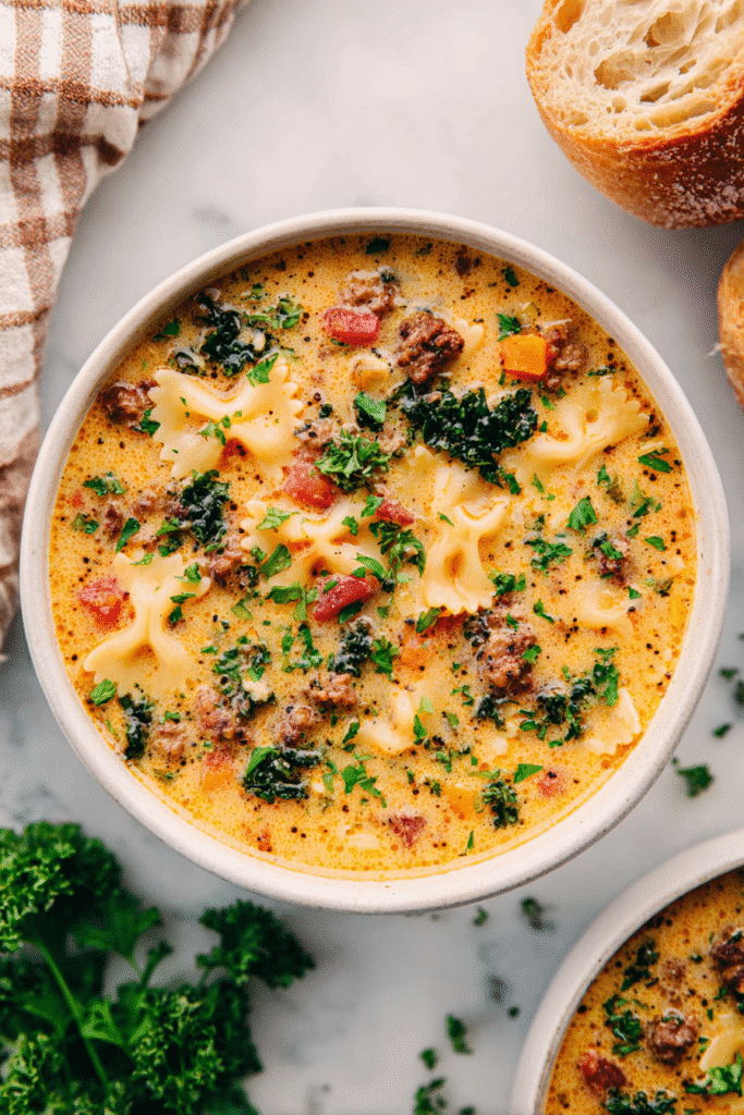 Creamy Italian sausage pasta soup with bowtie noodles, kale, and herbs in a rich broth served with fresh bread