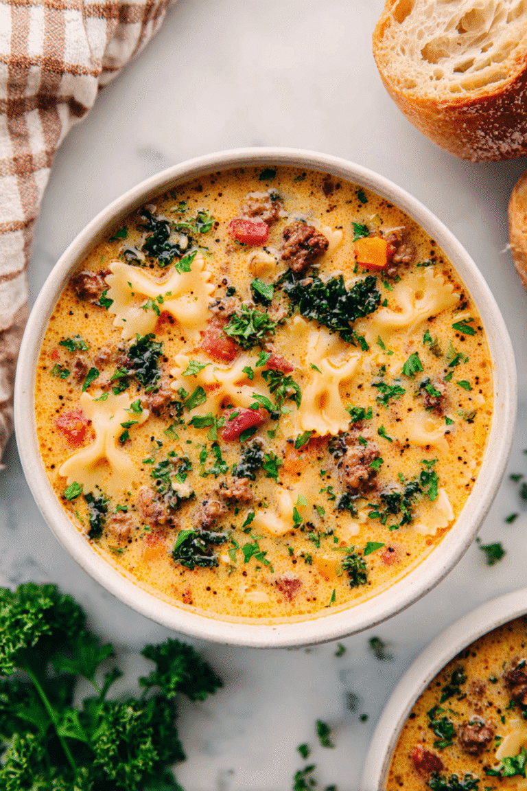 Creamy Italian sausage pasta soup with bowtie noodles, kale, and herbs in a rich broth served with fresh bread