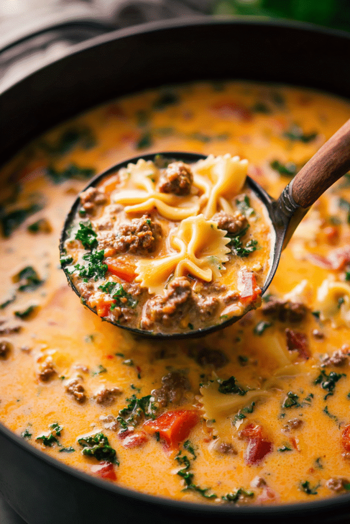 Creamy Italian sausage pasta soup with bowtie noodles, tomatoes, and kale in a rich, savory broth