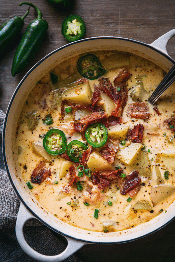 Cheesy jalapeño popper soup with potatoes, crispy bacon, and fresh jalapeño slices in a creamy spiced broth