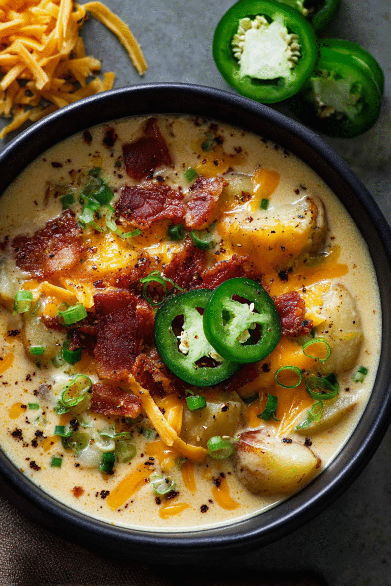 Creamy jalapeño popper soup with melted cheese, crispy bacon, green onions, and sliced jalapeños in a black bowl