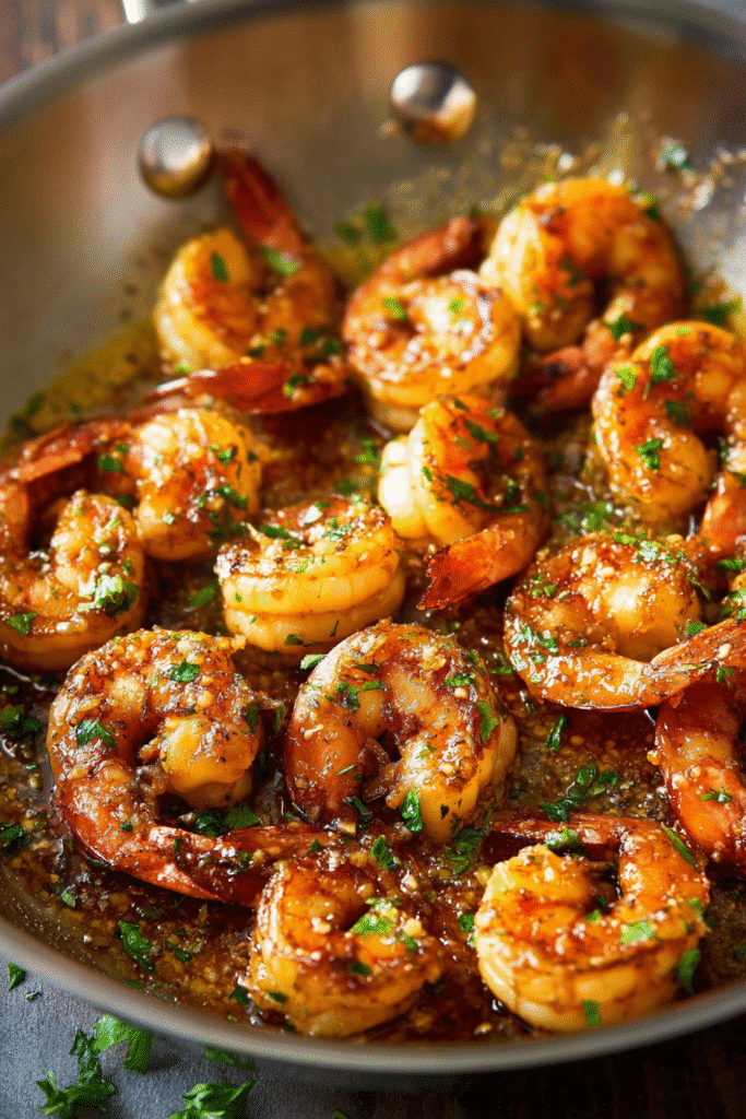 Tender shrimp coated in a flavorful garlic herb marinade, sizzling in a pan for a juicy and delicious seafood meal.