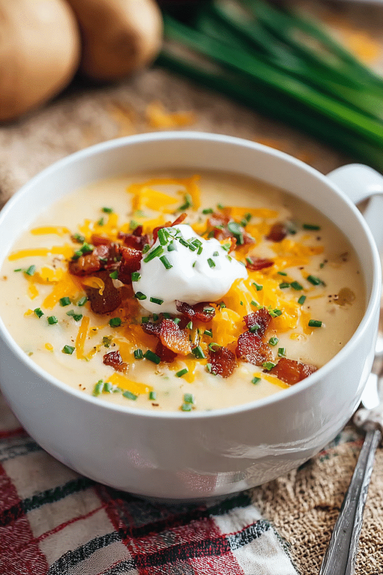 Creamy loaded baked potato soup topped with melted cheddar, crispy bacon, sour cream, and fresh chives in a white bowl