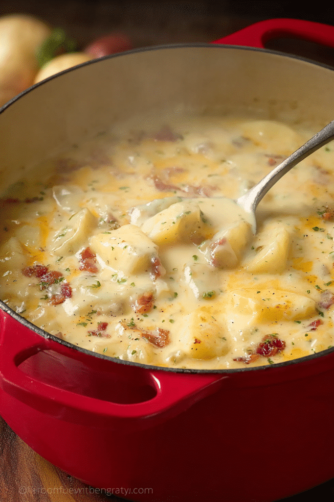 Loaded baked potato soup simmering in a red pot with bacon, cheese, and creamy potatoes, rich and comforting dinner