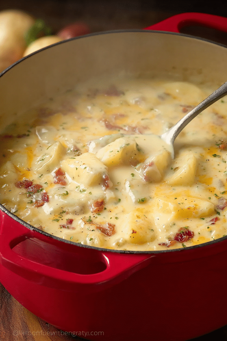 Loaded baked potato soup simmering in a red pot with bacon, cheese, and creamy potatoes, rich and comforting dinner