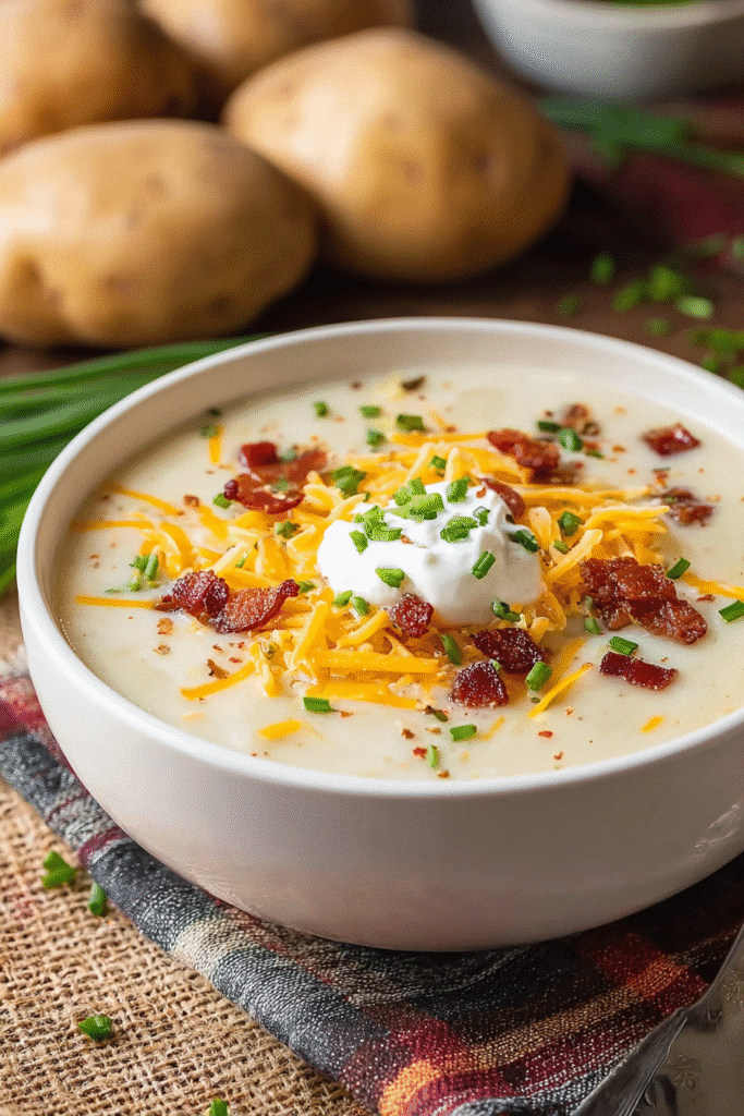 Loaded baked potato soup topped with cheddar cheese, sour cream, bacon bits, and chives for a cozy, creamy dinner