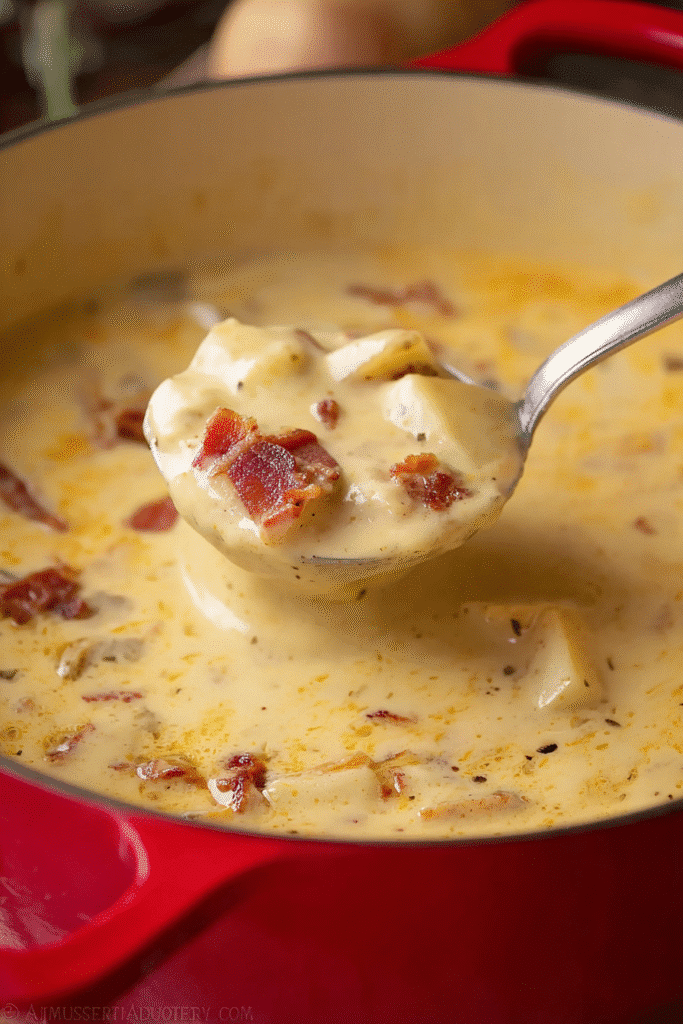 Hearty loaded baked potato soup with crispy bacon, creamy cheese sauce, and tender potatoes served in a red Dutch oven
