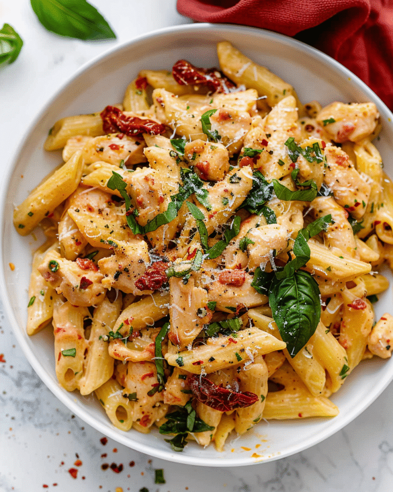 Creamy penne pasta with tender chicken, sun-dried tomatoes, and basil in a rich garlic parmesan sauce