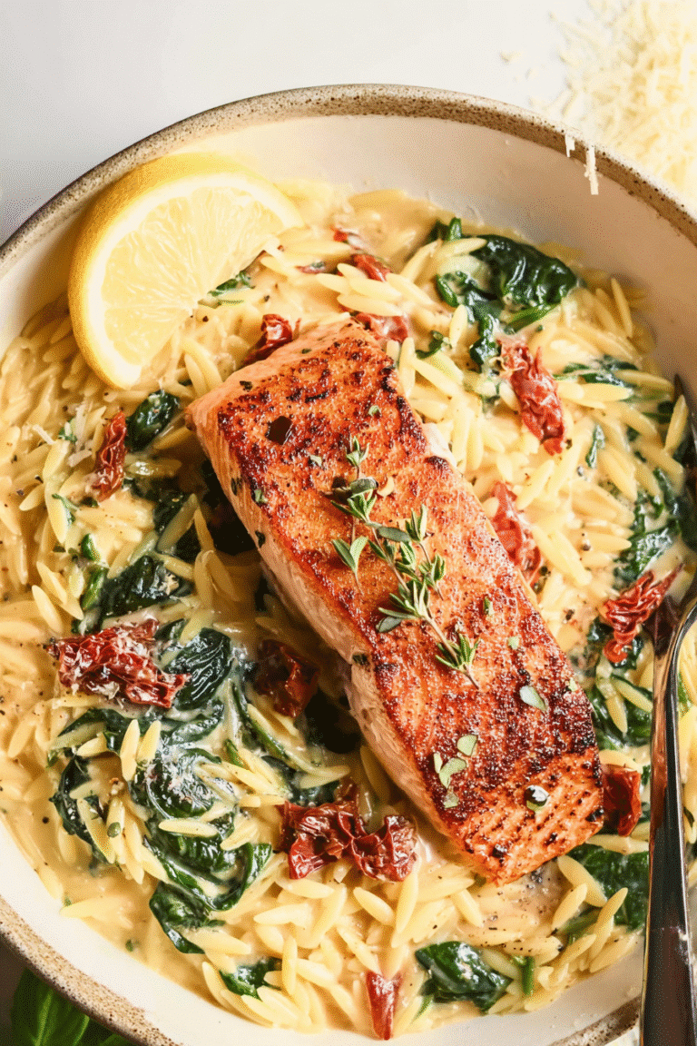 Seared salmon fillet served over creamy lemon orzo with spinach, sun-dried tomatoes, and a fresh lemon wedge