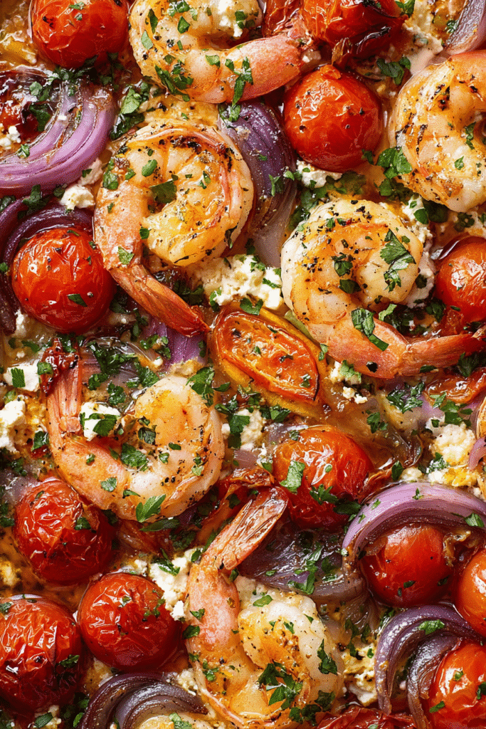Juicy shrimp baked with cherry tomatoes, feta cheese, red onions, and herbs for a delicious Mediterranean-style dish.