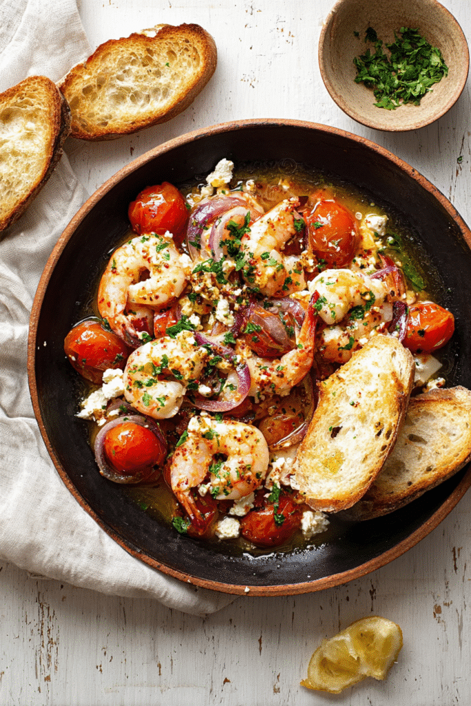 Mediterranean shrimp with feta, cherry tomatoes, and herbs served with toasted bread for a light and flavorful meal.
