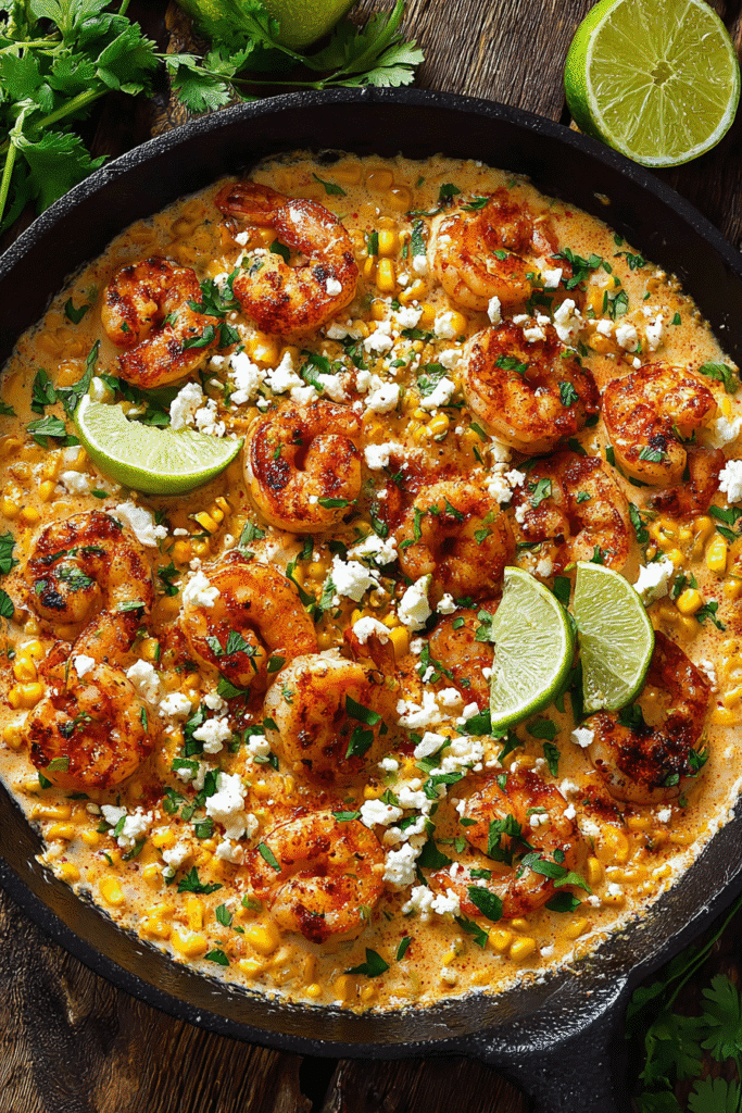 Spicy shrimp and roasted corn in creamy feta sauce with lime wedges and cilantro served in a sizzling cast-iron skillet