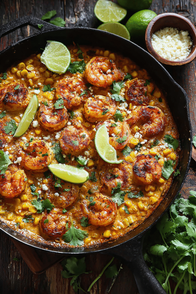 Grilled shrimp in creamy feta sauce with roasted corn, lime wedges, and cilantro in a rustic cast-iron skillet