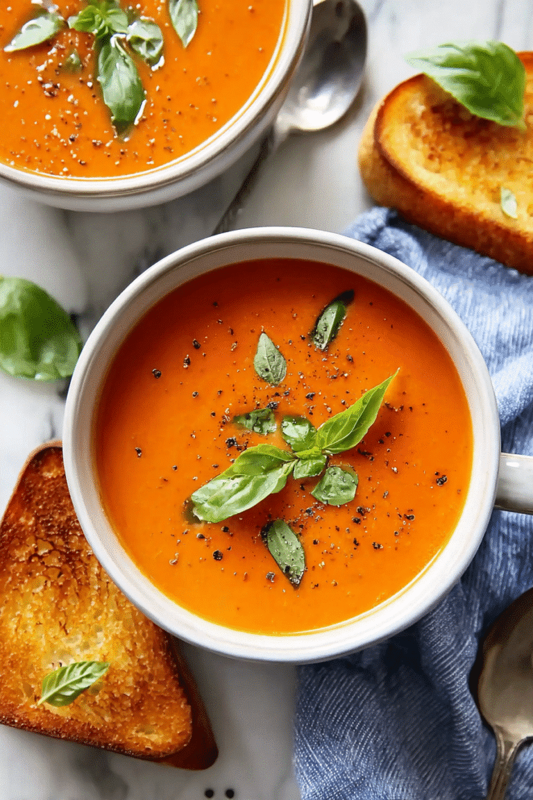 Creamy tomato soup made with canned tomatoes, topped with basil and black pepper, served with golden toasted bread